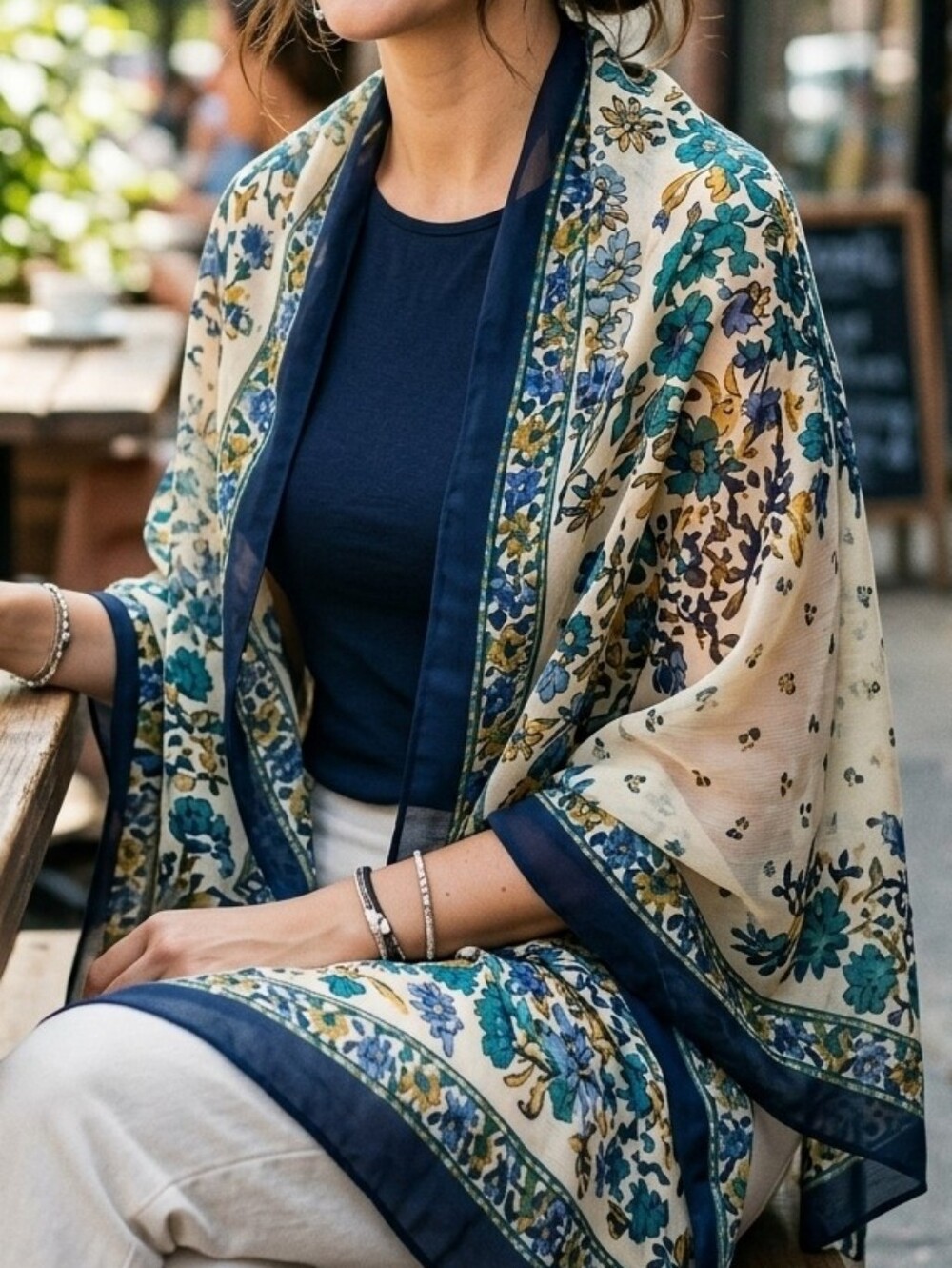 Floral Navy & Cream Lightweight Scarf Wrap
